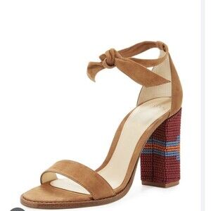 ALEXANDRE BIRMAM Suede Crochet Trim Sandals Elisa 7 1/2 Embroidered Block Heels